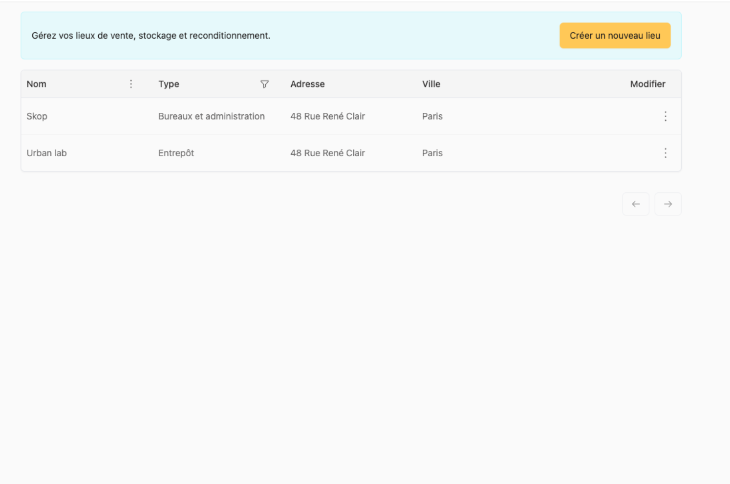 Interface création de lieux