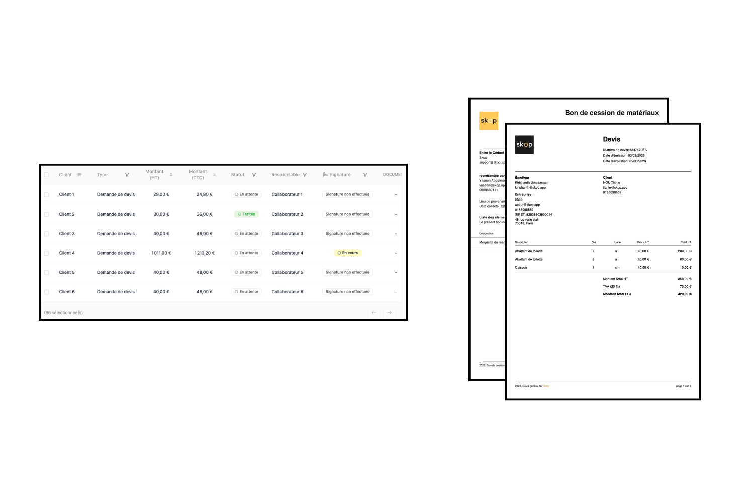 Bons de cession et devis et interface gestion de devis